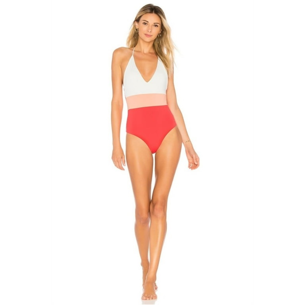 Tavik Womens Chase Color Blocked One Piece Halter Top Swimsuit, Orange, Large